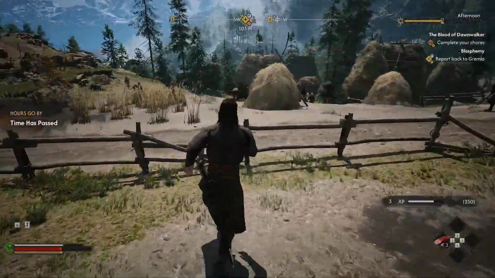 Player running back through the fenced village with the report back to Gremla objective active