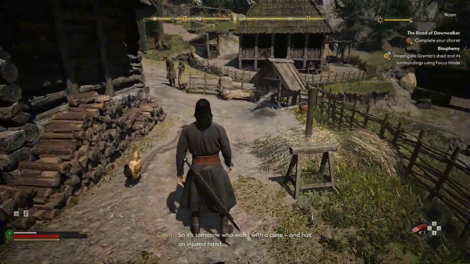 Village path with the Blasphemy objective to investigate Gremla's shed using Focus Mode on screen
