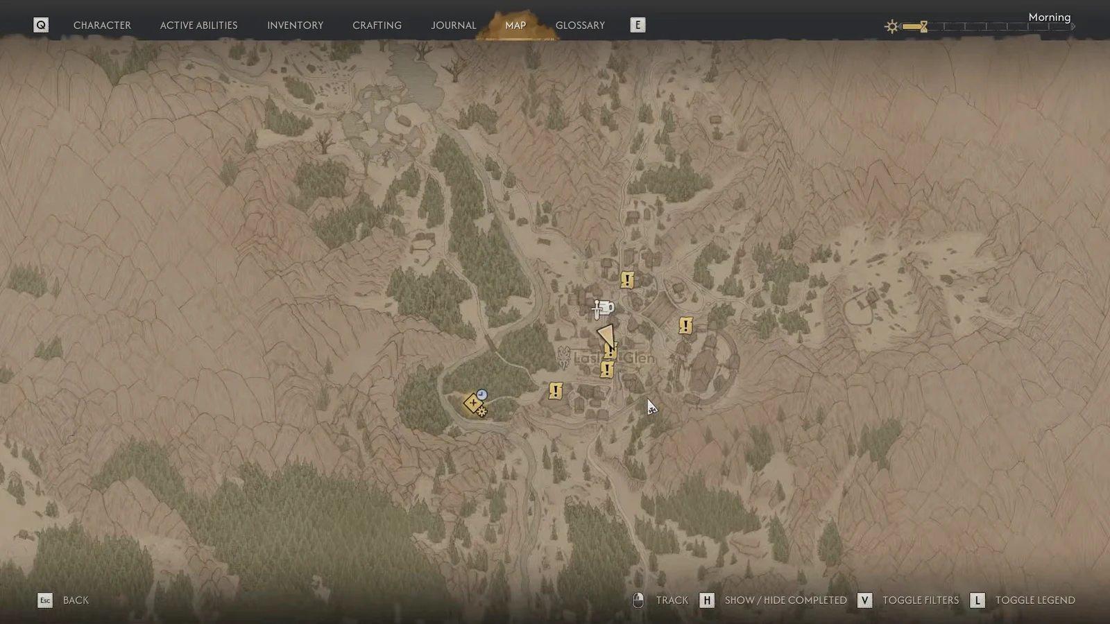 World map screen with the player marker and several yellow quest markers ready to be tracked