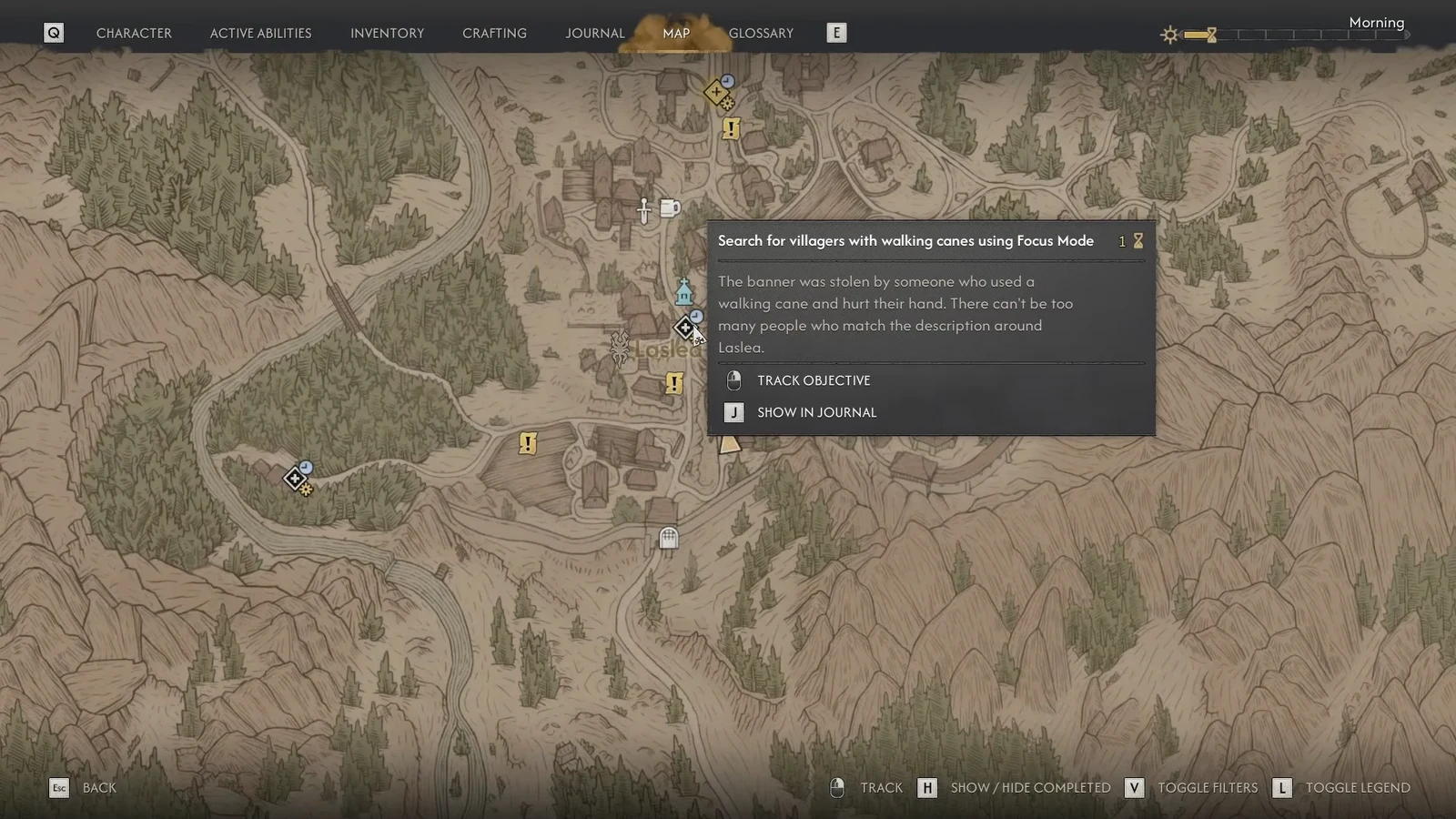 Map screen showing the objective to search for villagers with walking canes using Focus Mode