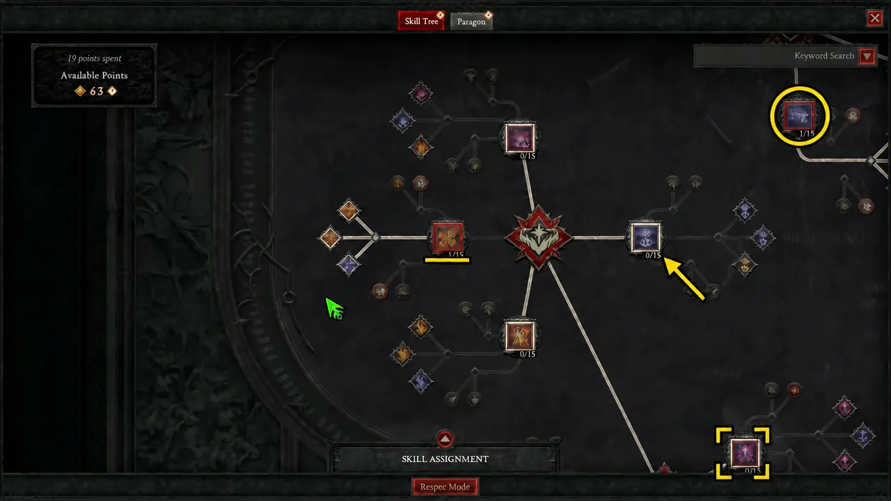 On the Skill Tree screen, the yellow arrow highlights the right-side purple 0/15 skill node for selection