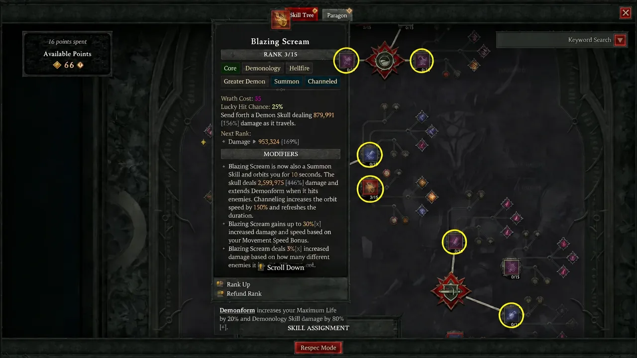 Yellow arrow pointing at an unspent purple 0/15 skill node on the right side of the Skill Tree