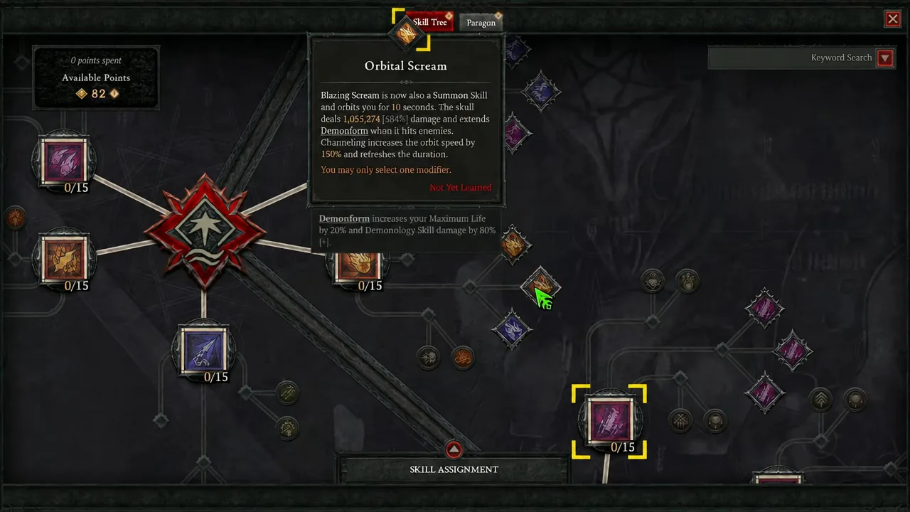 Skill Tree with the Orbital Scream node hovered to show its tooltip