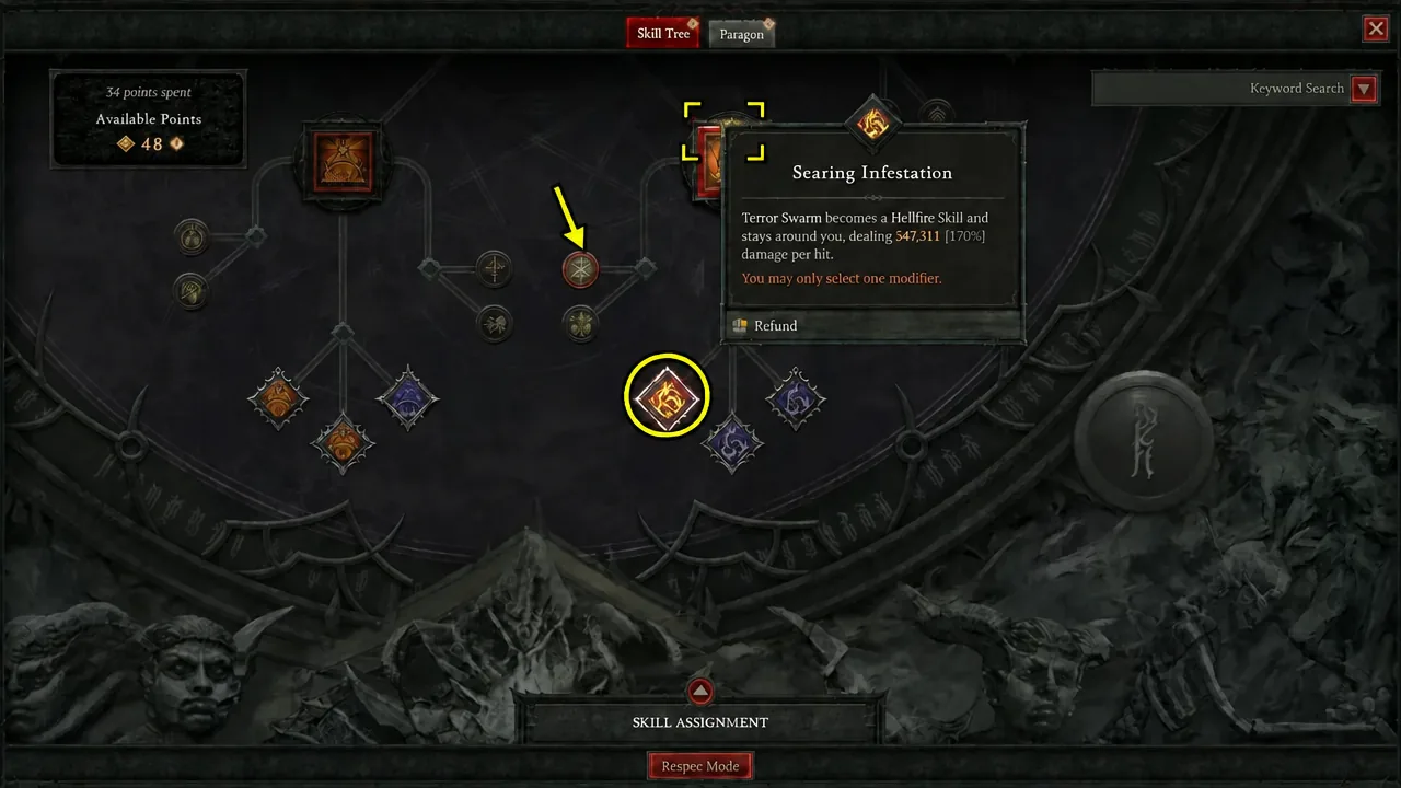 Searing Infestation modifier highlighted on the Skill Tree with its tooltip open