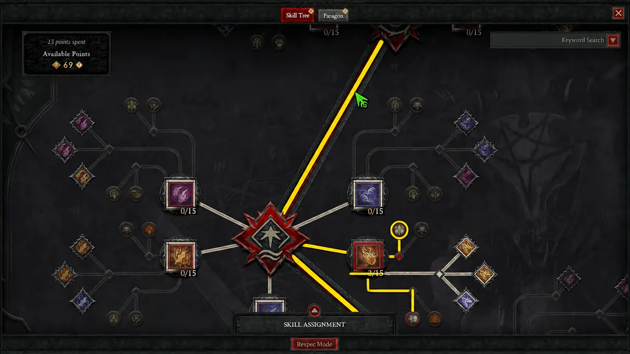 Skill Tree showing the right-side node and its connected yellow path during point allocation