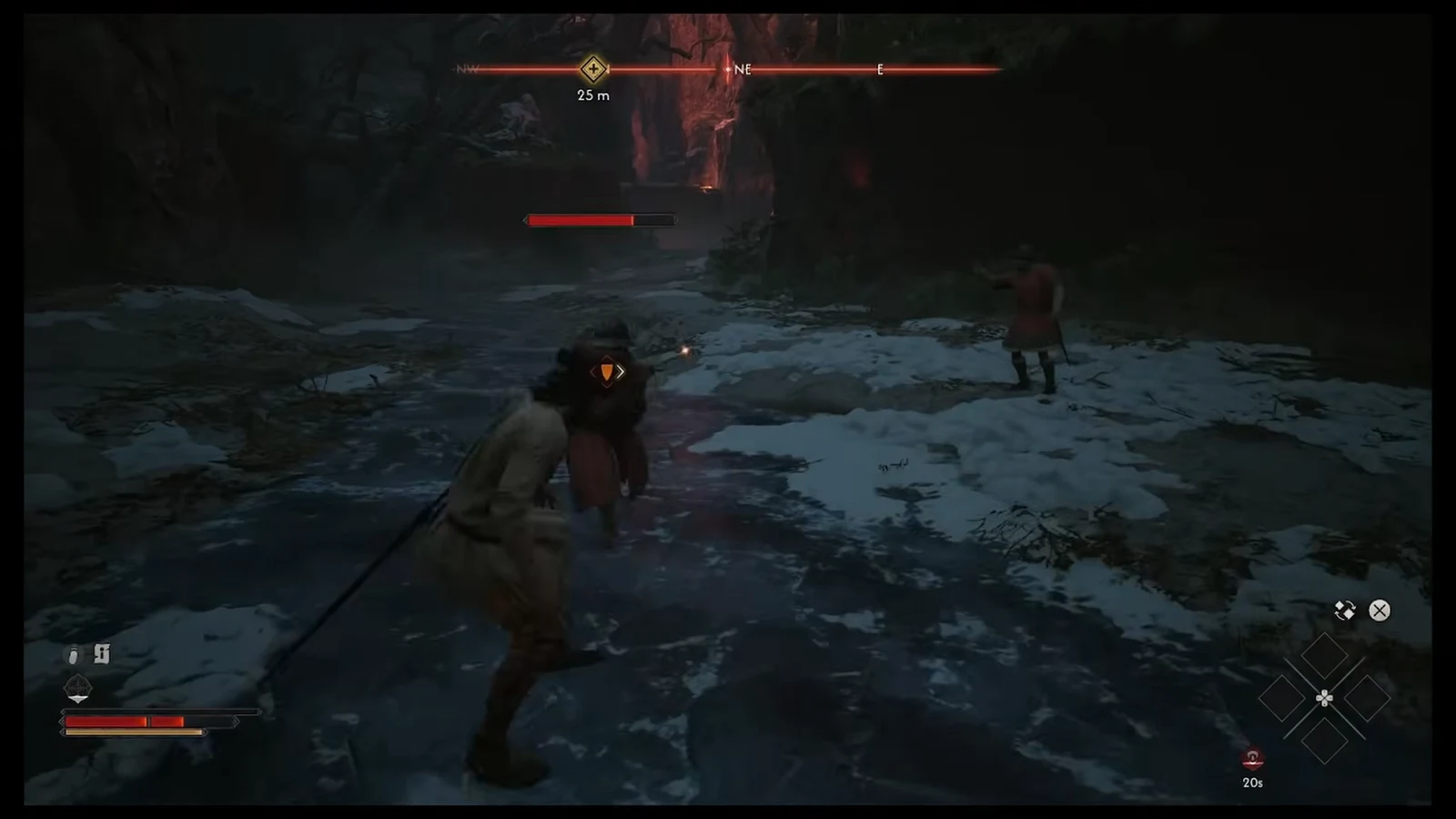 Coen striking a locked-on soldier in a snowy cave with the enemy health bar partly drained