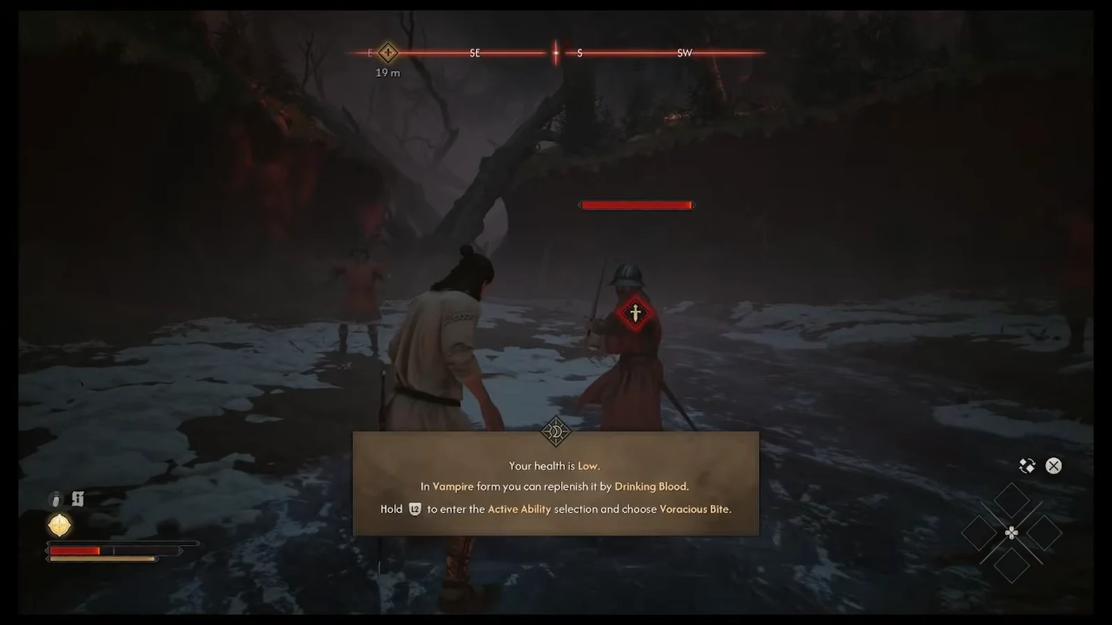 Low health prompt telling the player to hold L2 and choose Voracious Bite to drink blood