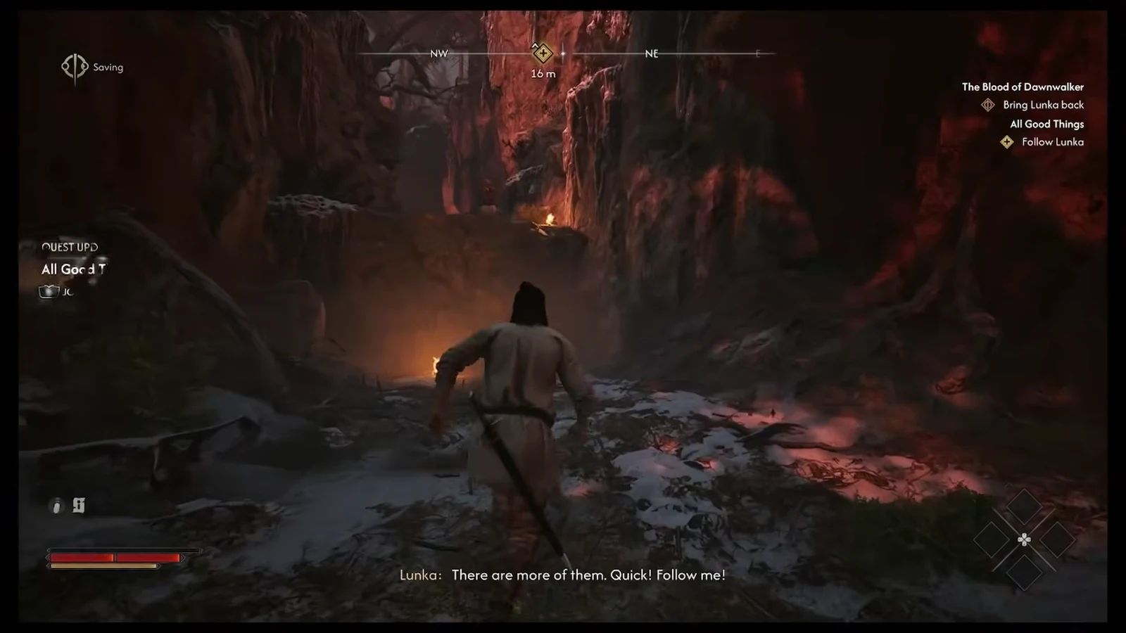 All Good Things quest active while chasing Lunka through a dark cavern toward the objective marker
