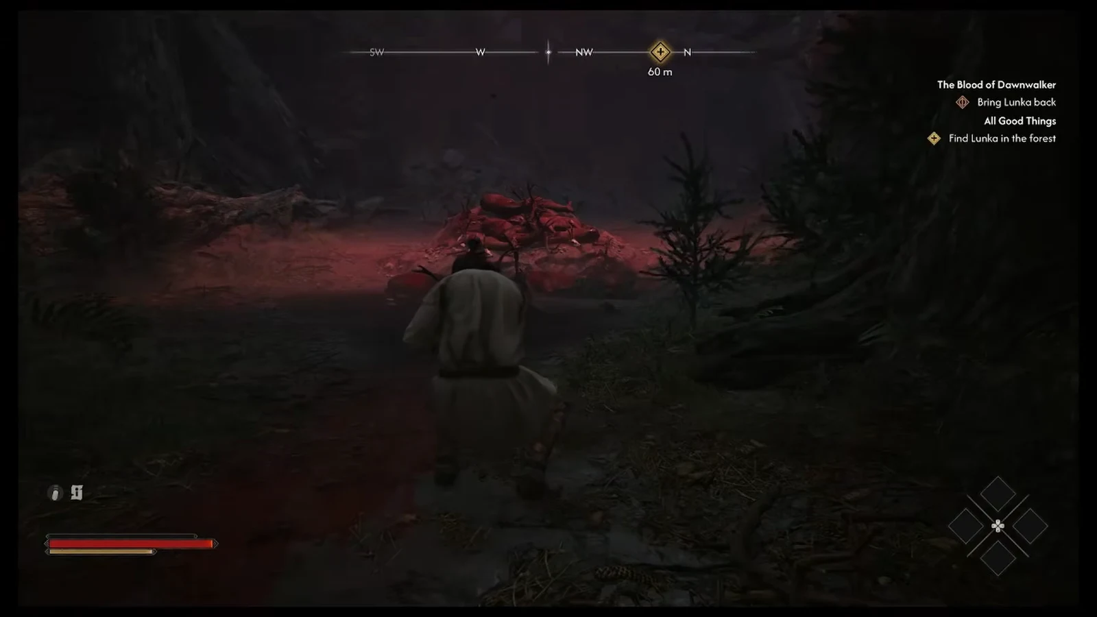 Quest tracker reading Find Lunka in the forest with a distance marker over a dark forest path