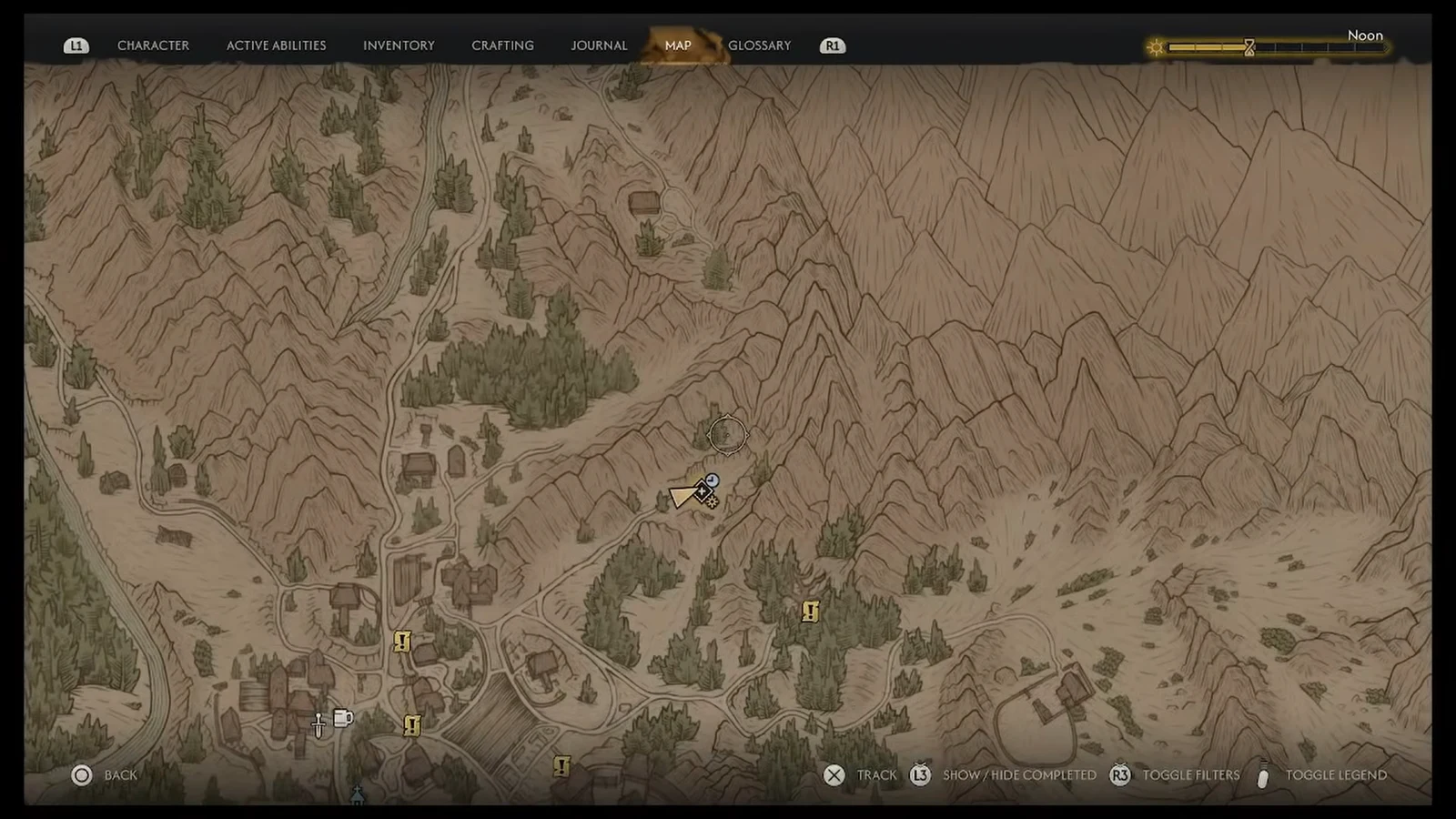 Map screen with the cursor over the quest marker in the mountains near Oleska Glen