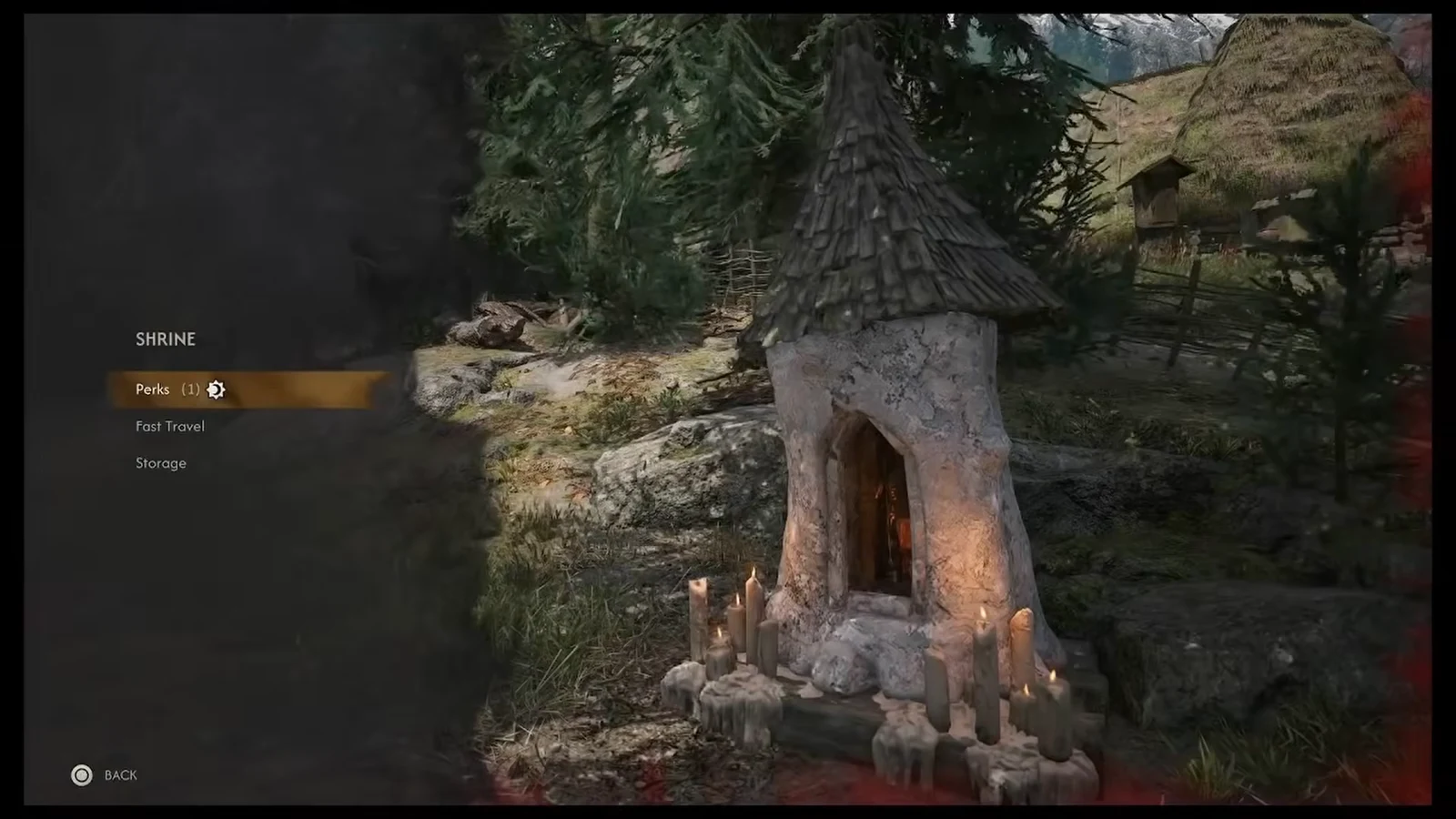 Shrine menu with the Perks option highlighted and one available entry