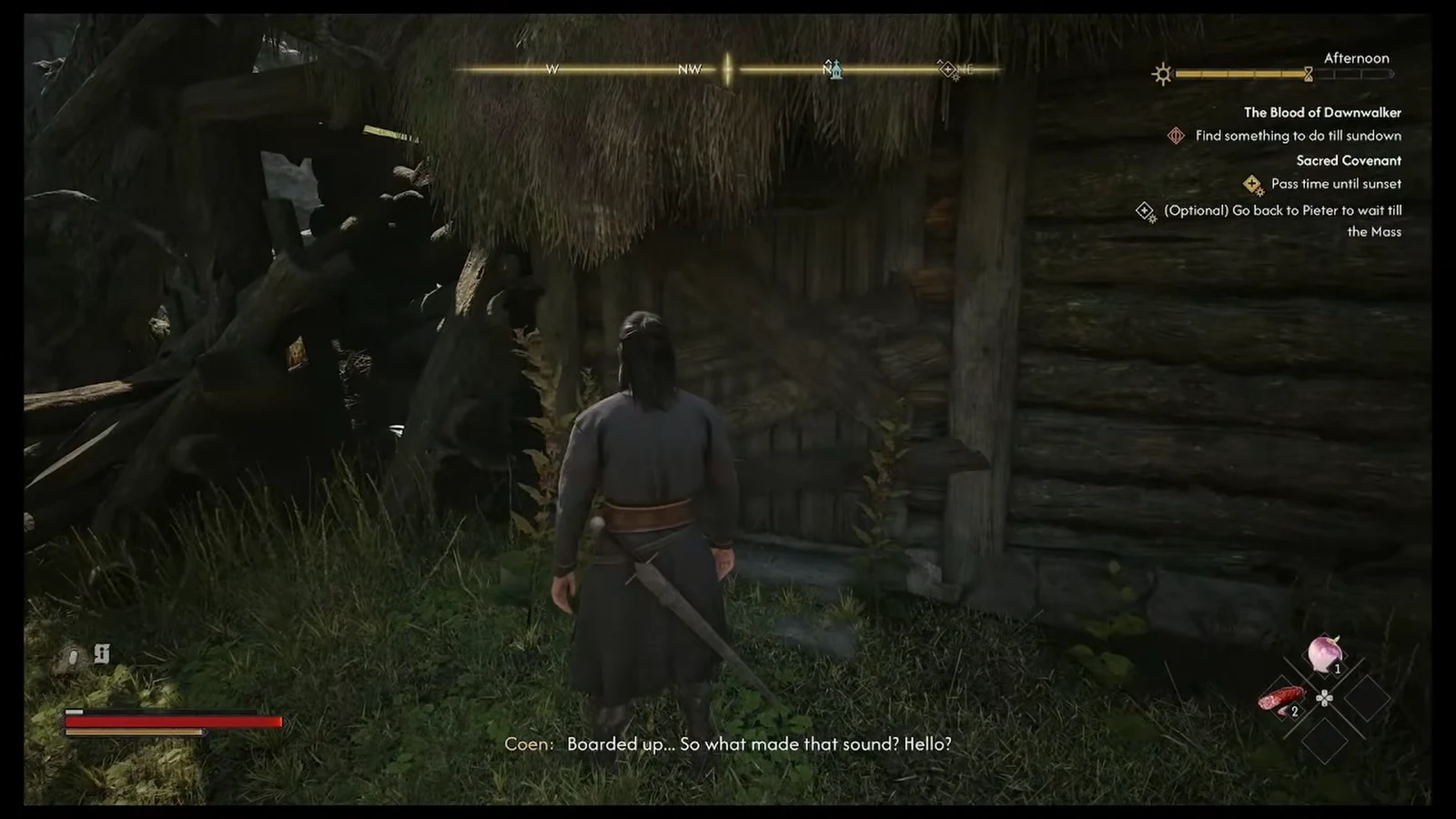 Coen standing outside the boarded-up hut with the quest objective showing in the corner