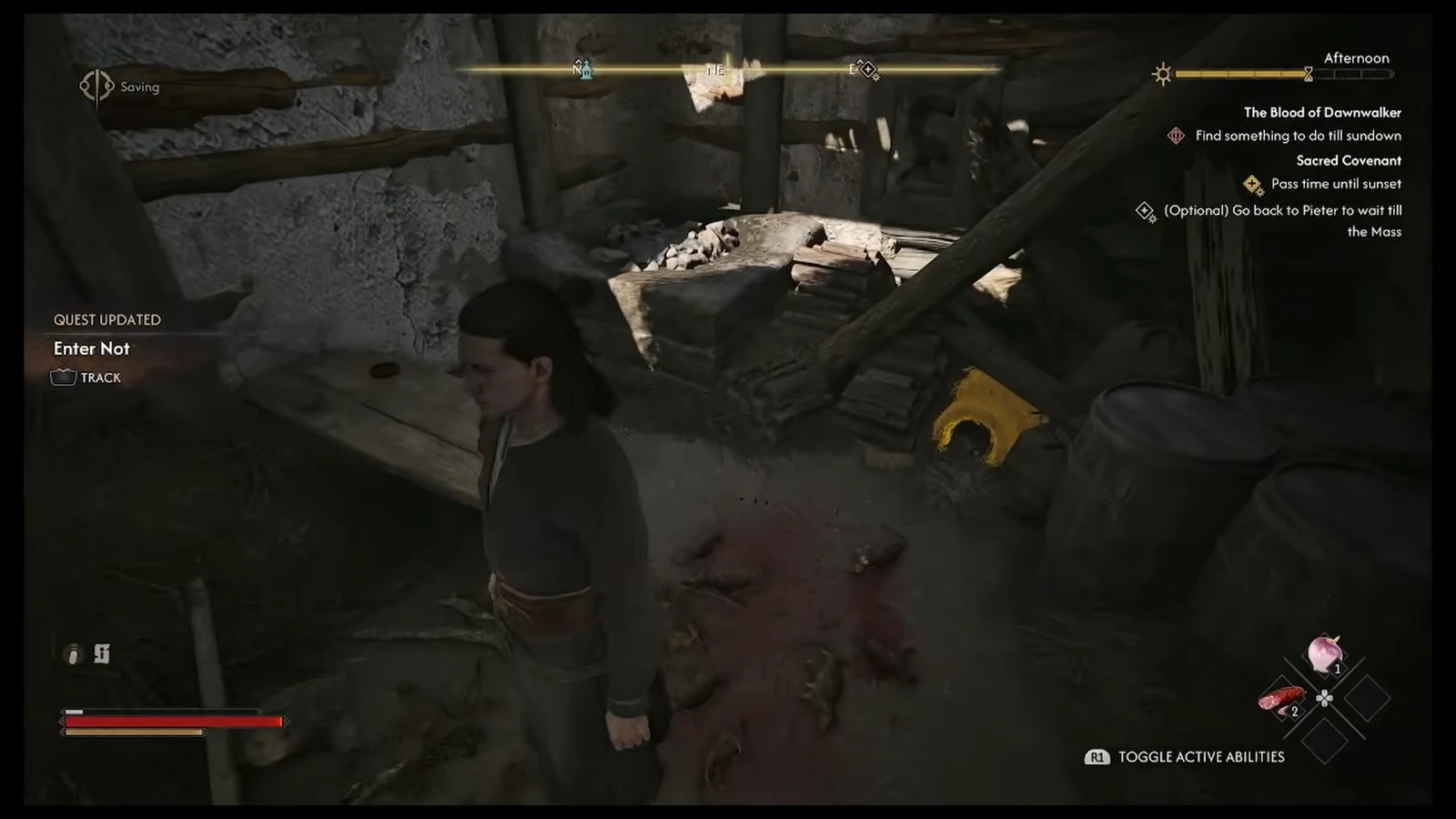 Interior of the ruined house with the quest tracker visible on the HUD