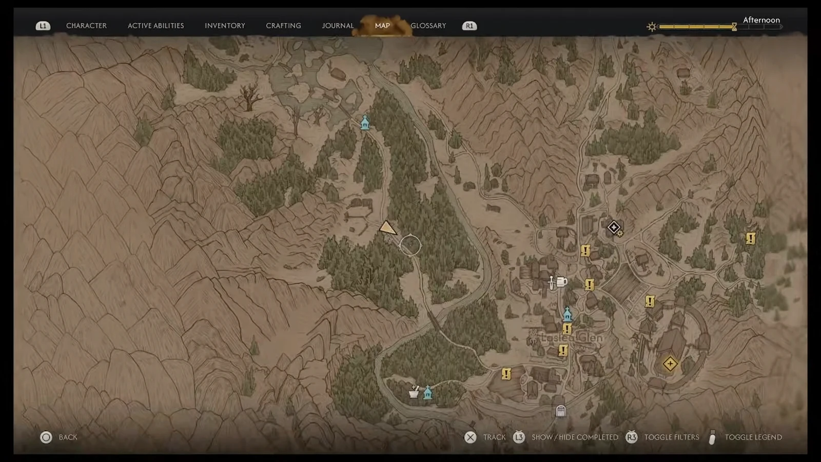 World map open near Laslea Glen with roads, settlements and the church marker