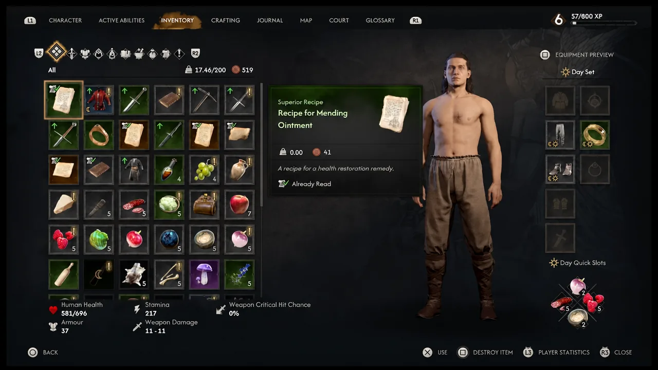 Inventory menu open on the Recipe for Mending Ointment entry with item details shown
