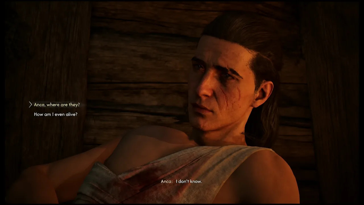 Dialogue wheel in Anca's hut with the option asking where Coen's family is highlighted