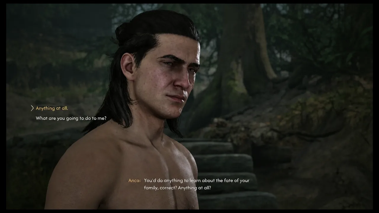 Dialogue options with the reply agreeing to do anything at all highlighted before the blood ritual