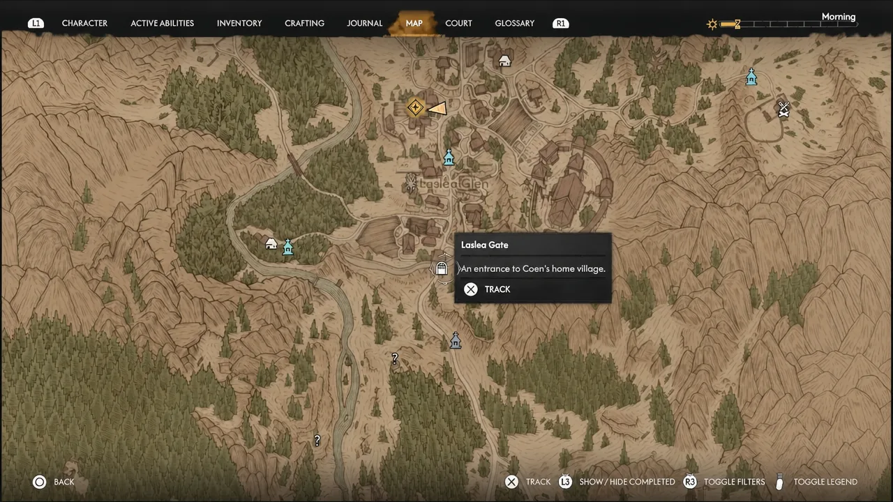 Map screen with Laslea Gate highlighted and the TRACK prompt shown