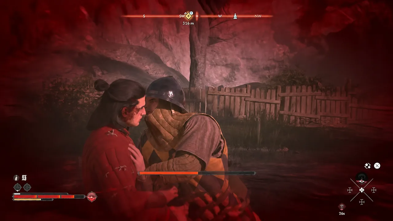 Combat HUD showing a grapple in progress with the orange bar filling as a soldier is restrained
