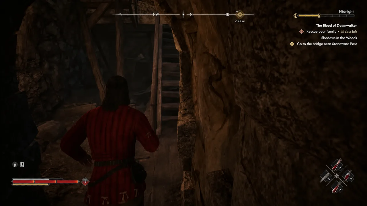 Quest tracker pointing toward the bridge near Stonepost as the character climbs a ladder