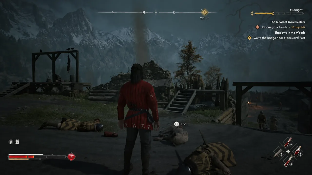 Loot prompt appearing over a fallen guard's body inside the Stoneward Post prison