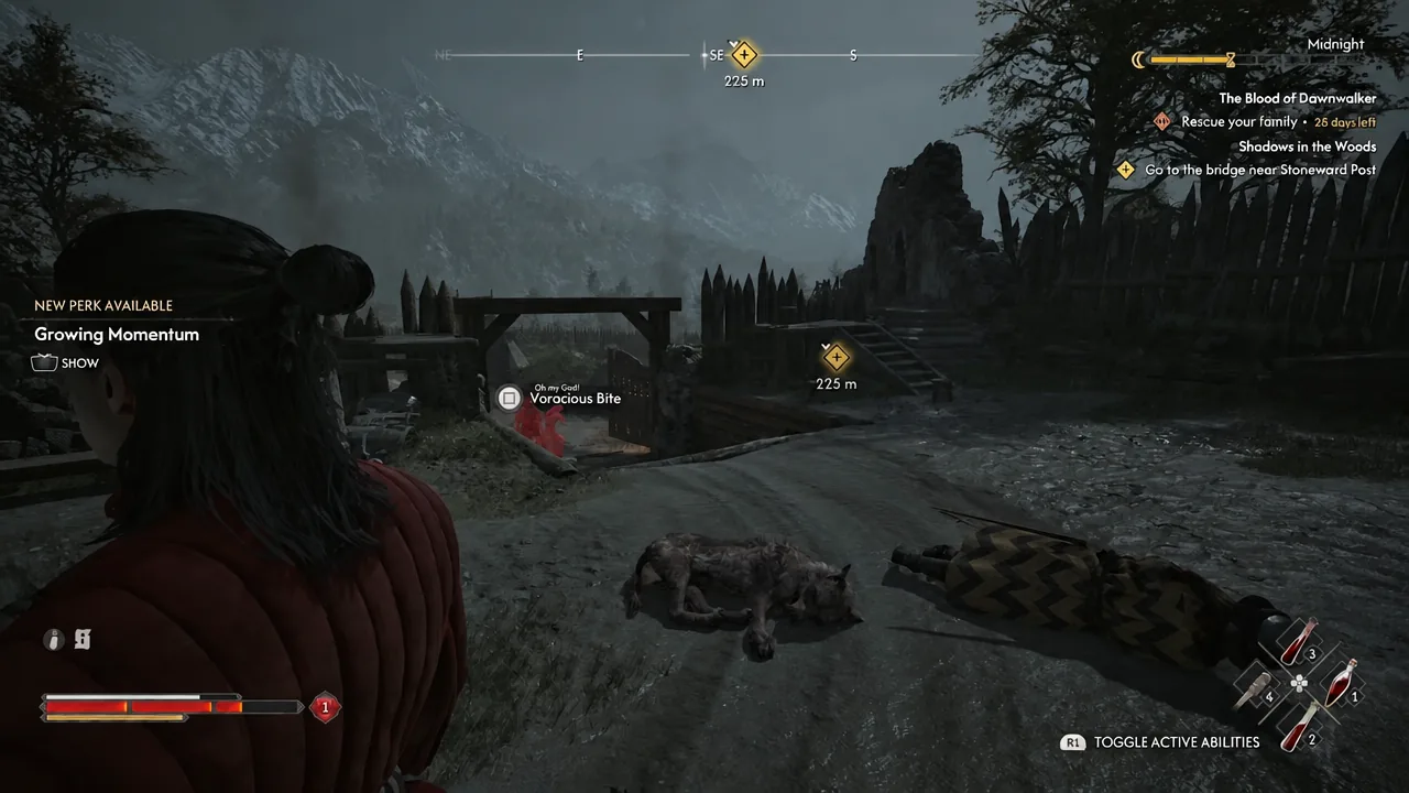 New Growing Momentum perk highlighted on screen next to a Voracious Bite interaction prompt