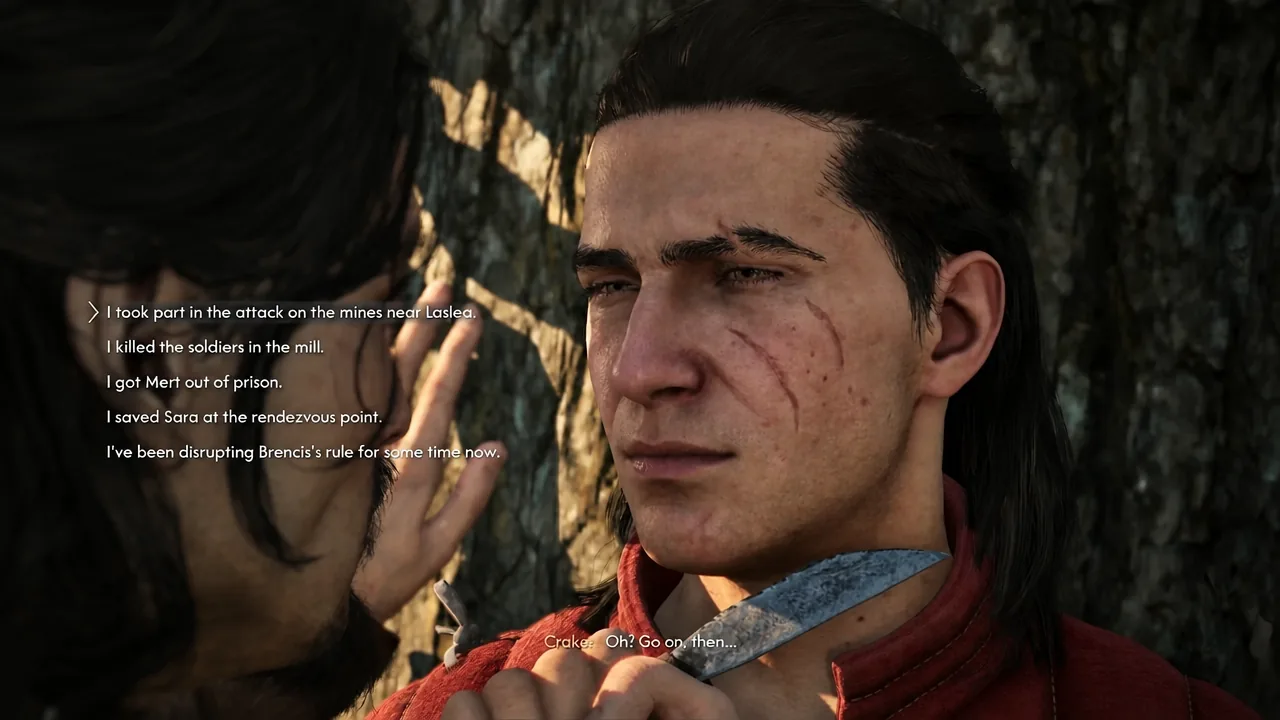 Dialogue wheel with the Laslea mines attack response highlighted during Crake's interrogation