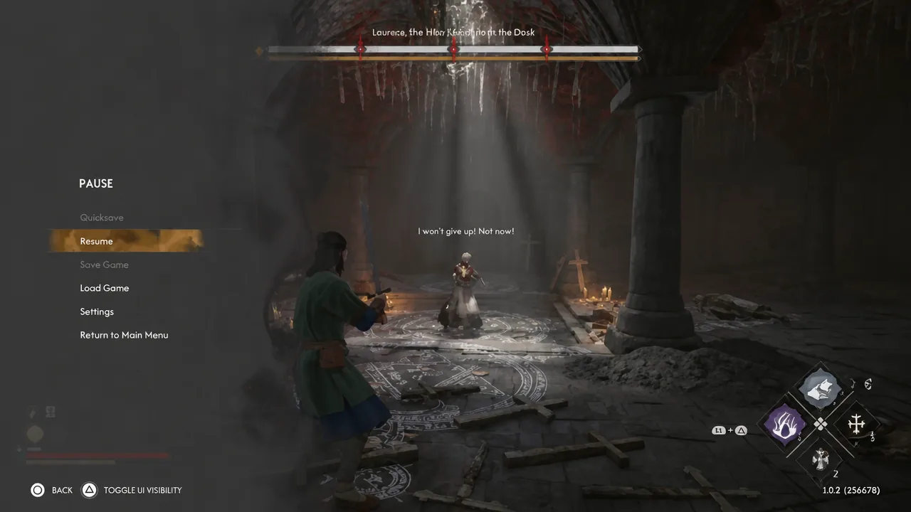 Pause menu with Resume highlighted during a boss encounter