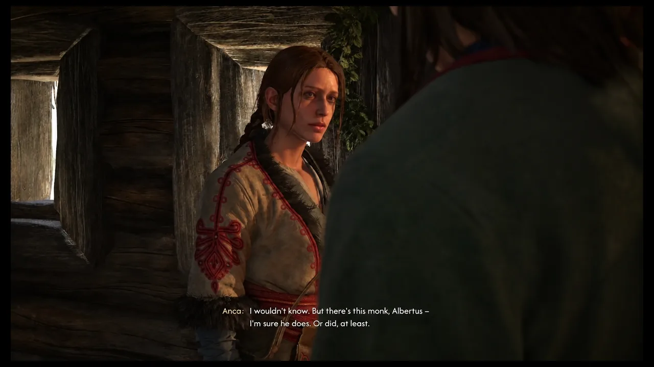 Cinematic conversation in which Anca points Coen toward the monk Albertus