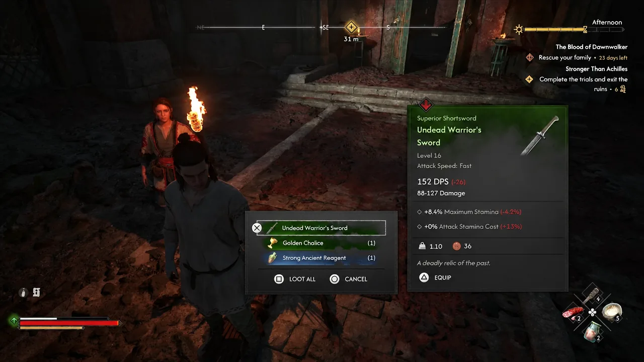 Loot window showing the Undead Warrior's Sword with its stats and an Equip option