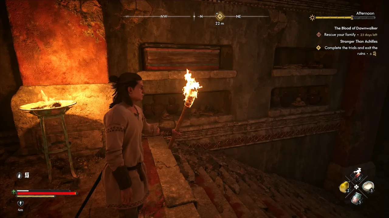 Quest tracker reading Stronger Than Achilles with a 22m waypoint inside torchlit ruins