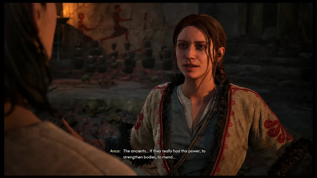 Anca speaking to Coen in a cutscene with dialogue subtitles onscreen