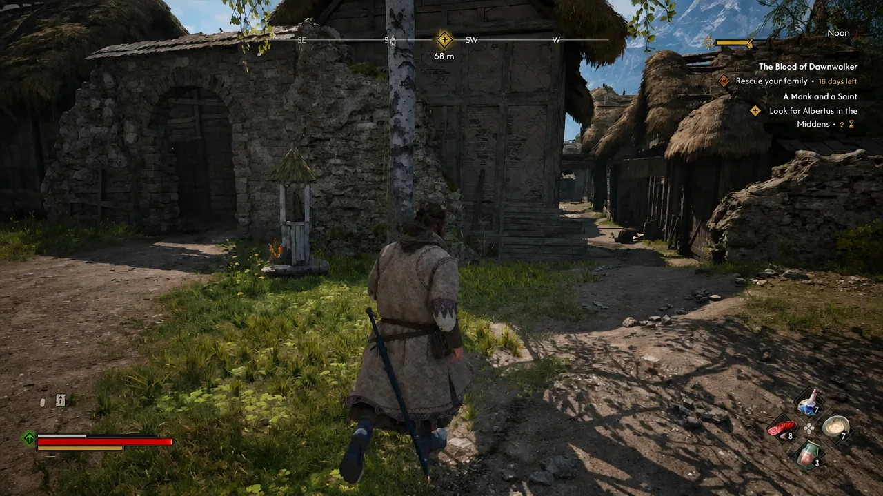 Coen running through the Middens toward the highlighted quest marker with the tracker on screen