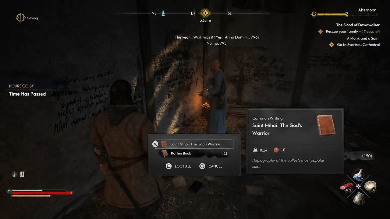 Loot menu showing the book Saint Mihai: The God's Warrior with its item description