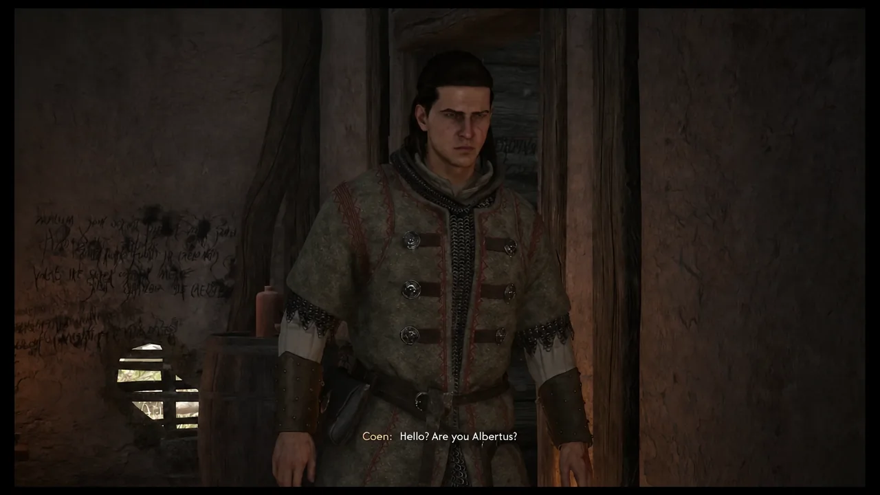 Coen asking the muttering monk Albertus to confirm his name inside the graffiti-covered house