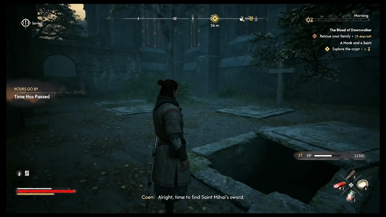 Quest tracker showing the Explore the crypt objective while Coen moves through the underground passage