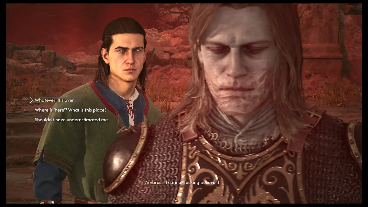 Dialogue wheel in Anachora with a dismissive reply highlighted as Ambrus pleads