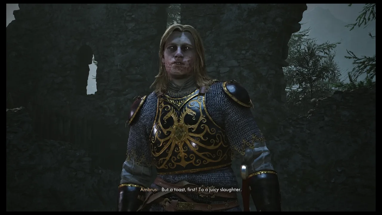Ambrus raises a toast in a cutscene before the duel begins