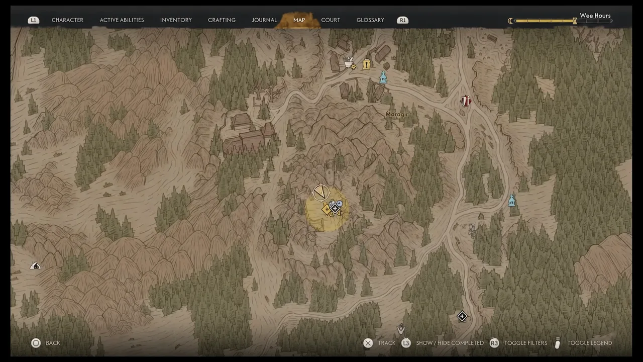 World map with the duel location marker highlighted in yellow near Maragir