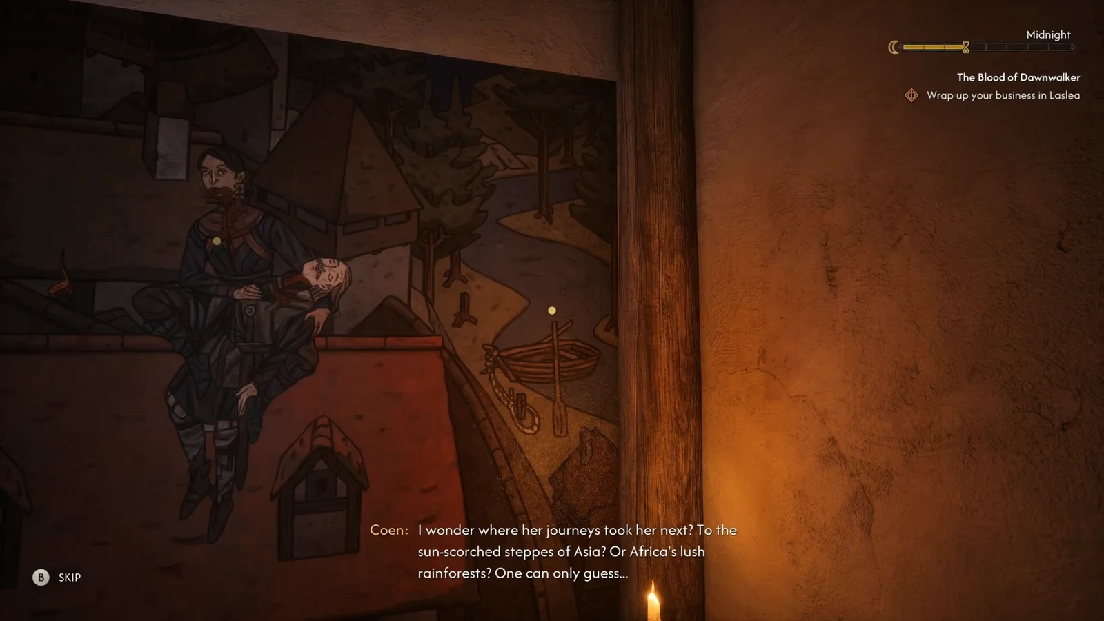 A cutscene with Coen's dialogue on screen and a B button SKIP prompt
