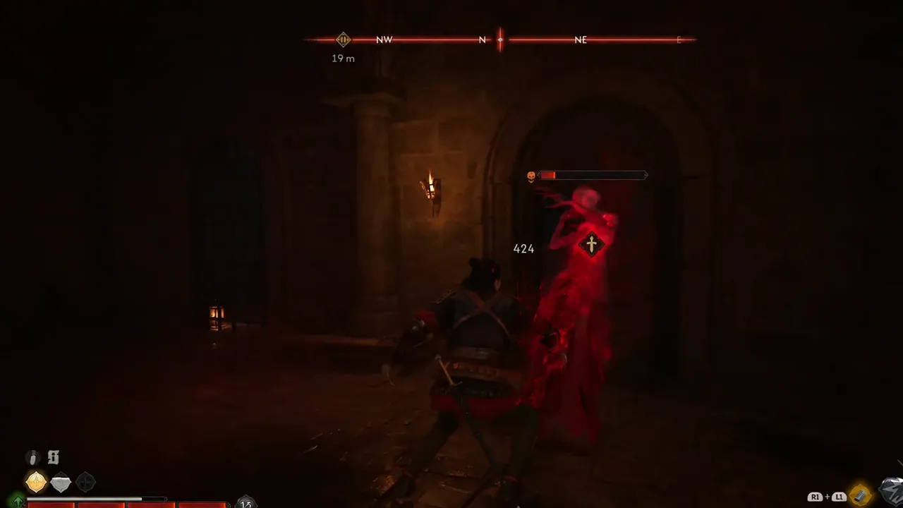 Coen strikes a red-highlighted enemy as its health bar drains during a fight