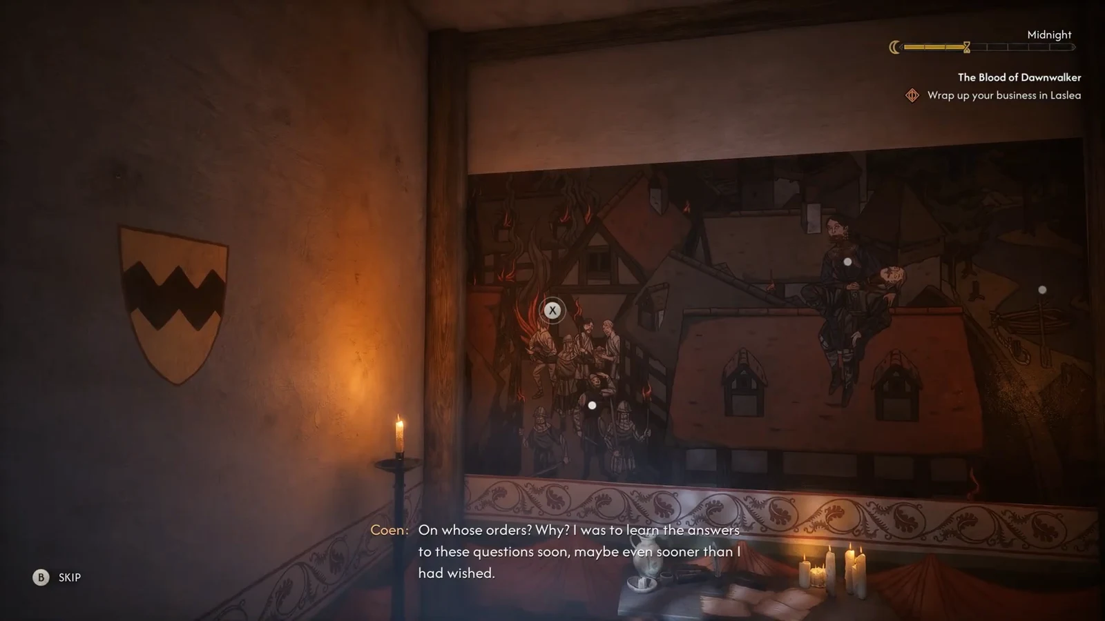 An illustrated mural in the epilogue with an X prompt to examine it