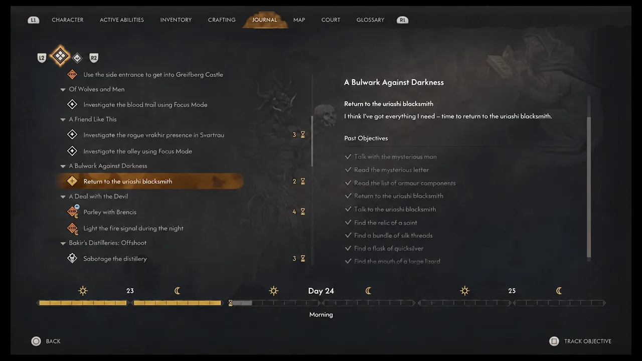 Journal entry for A Bulwark Against Darkness showing the objective to return to the uriashi blacksmith