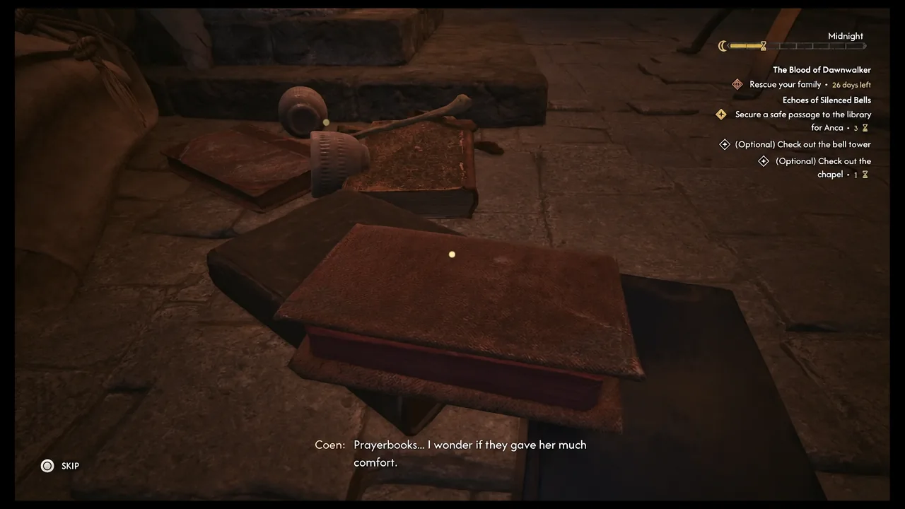 Coen examines highlighted prayerbooks inside the convent while hunting for a saint's relic
