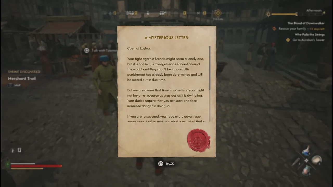 The A Mysterious Letter reading screen open in the inventory with the Back prompt visible