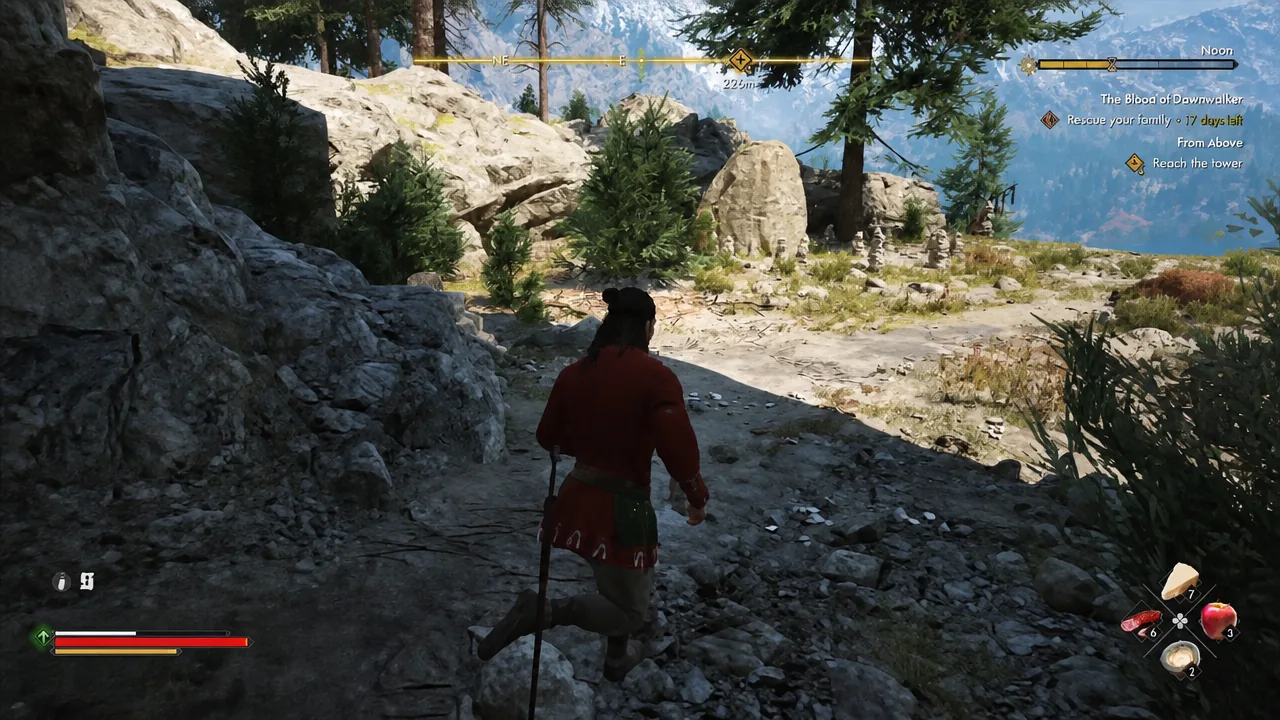 Coen moving across the hilltop clearing with the active quest objective shown in the HUD