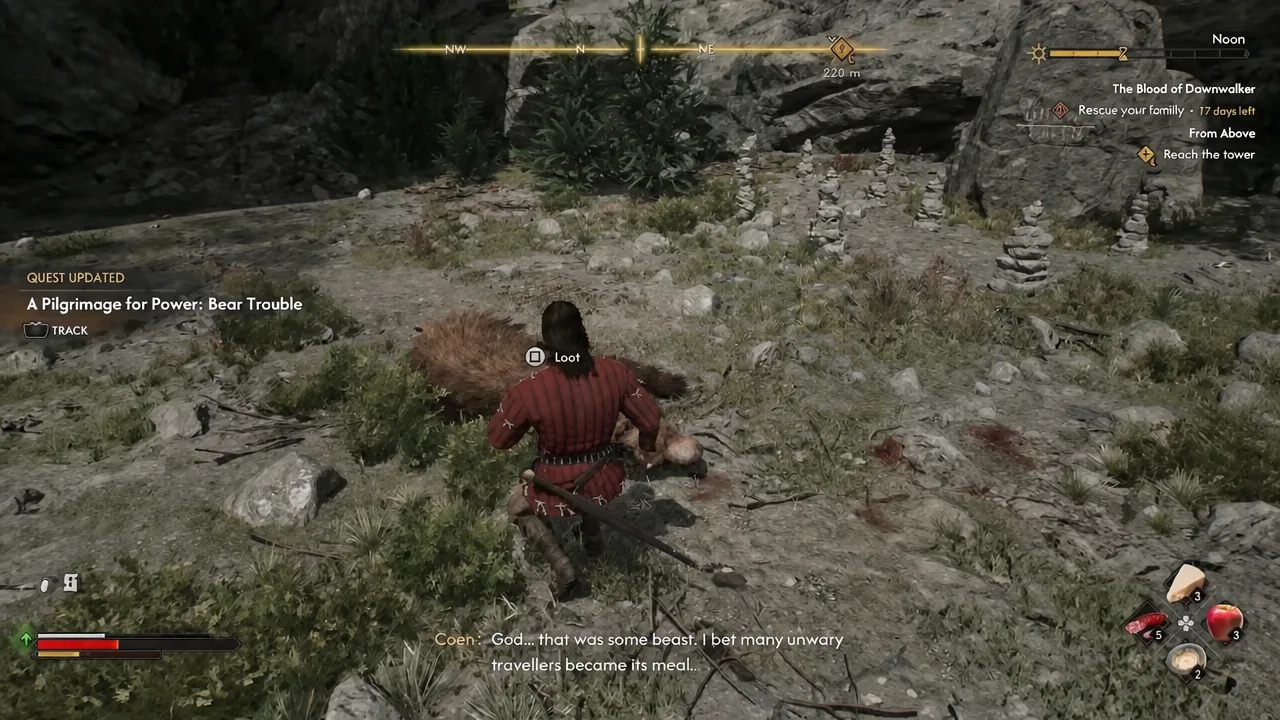 Loot prompt over the dead Ravenous Bear with the Bear Trouble quest update on screen