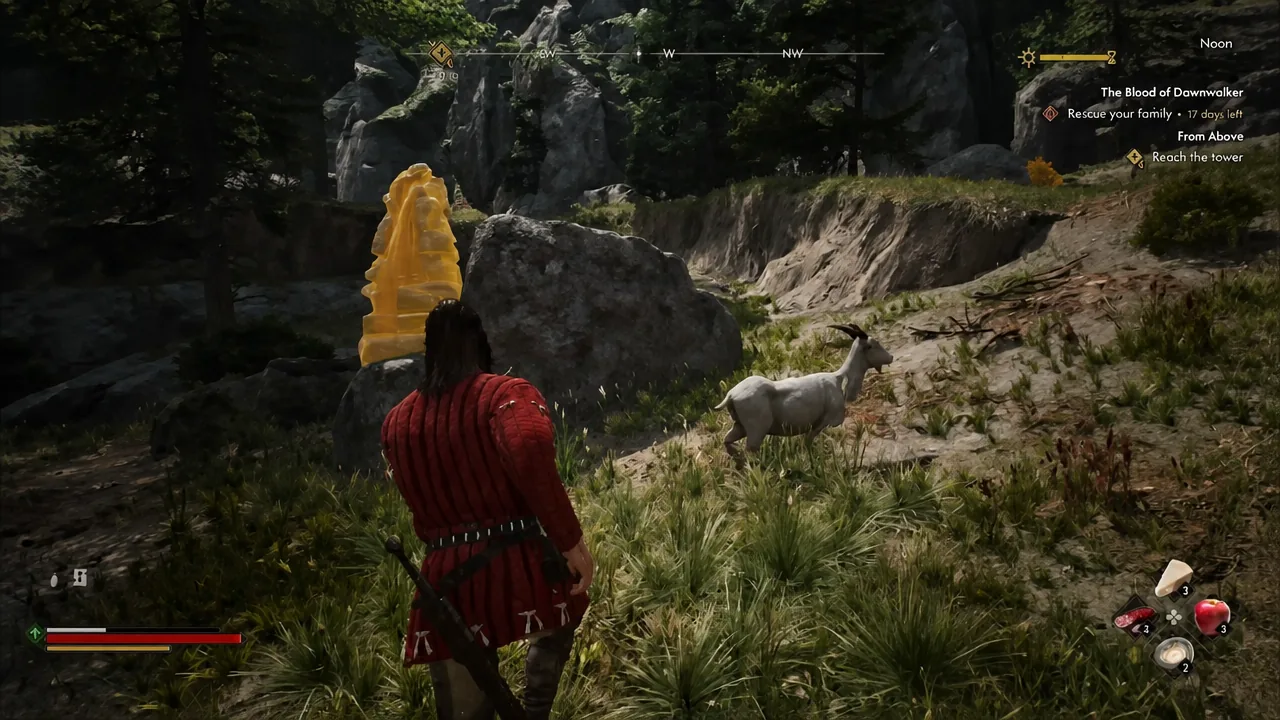 Glowing golden interaction marker on the mountain trail as Coen approaches the abandoned camp