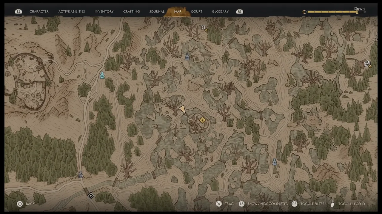Map screen open on the MAP tab showing Coen's position in the Briar Sloughs marshland