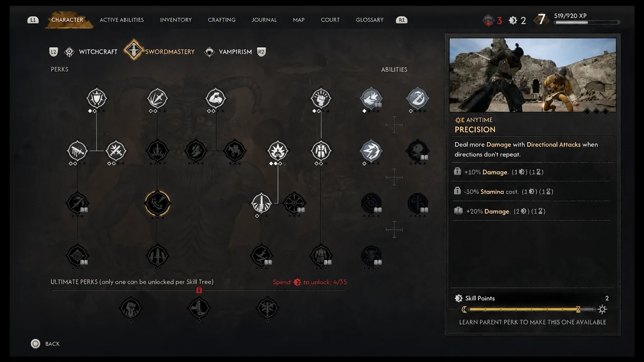 Character screen on the Swordmastery tab with the Precision perk selected and its requirements shown